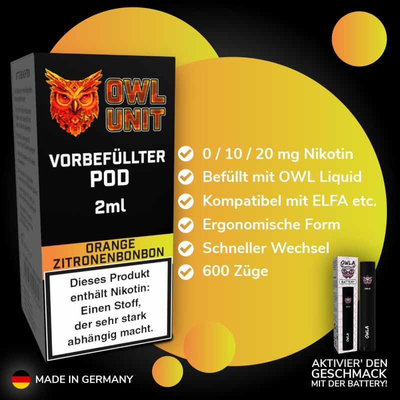 Orange Zitronenbonbon Pod | Prefilled Pod 2 ml (OWL SALT Style) 10 mg