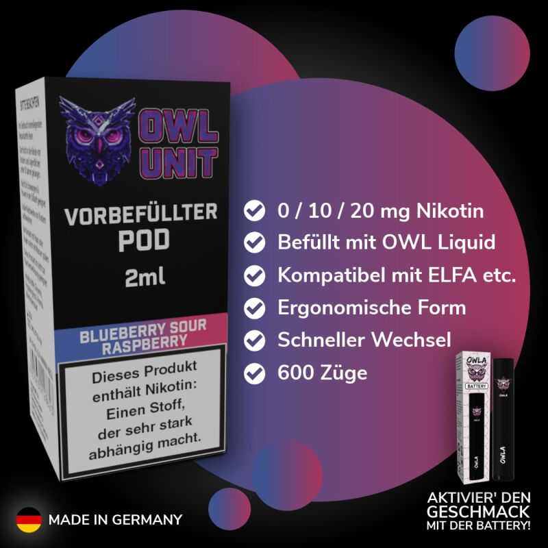 Blueberry Sour Raspberry Pod | Prefilled Pod 2 ml (OWL SALT Style) 0 mg