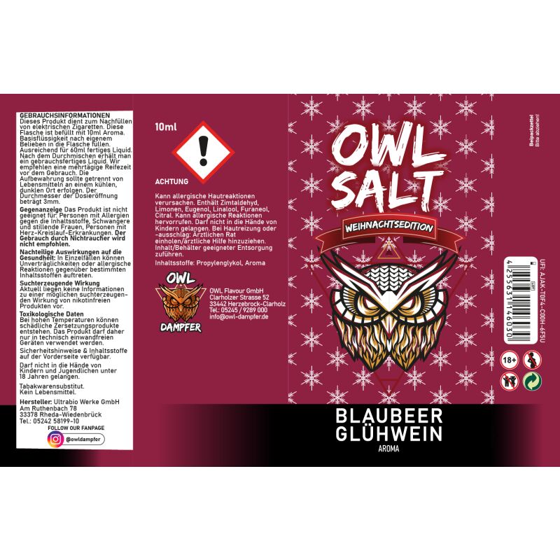 Blaubeere Glühwein Aroma OWL Salt Longfill 10 ml in 60 ml