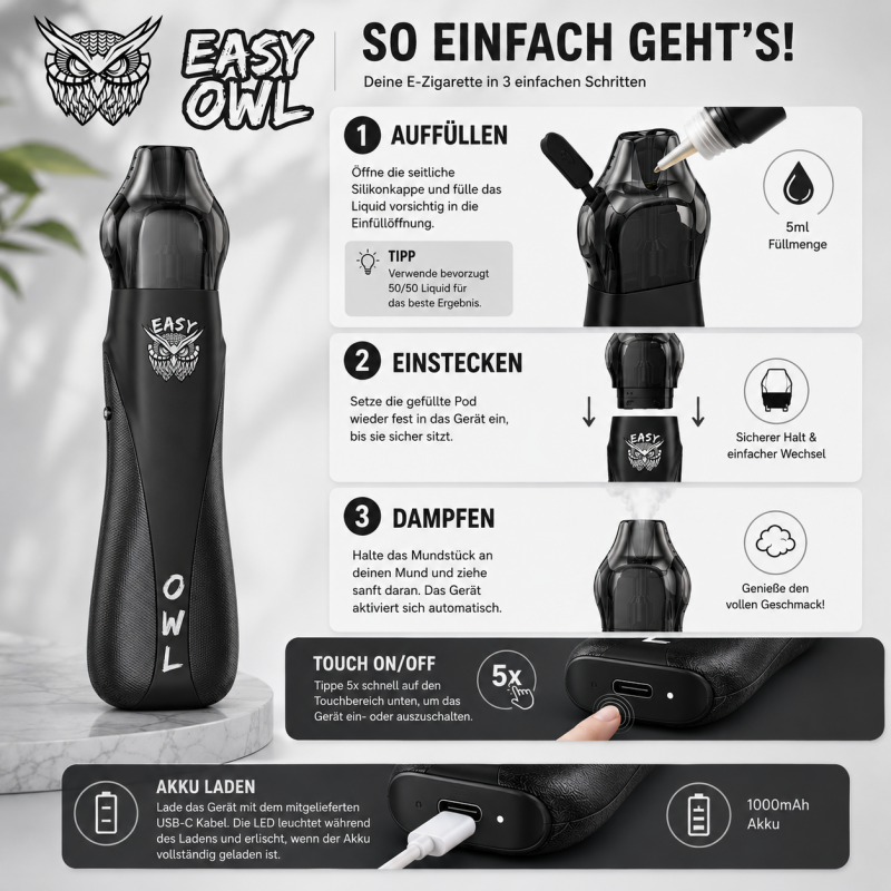 Easy OWL E-Zigarette Pod Kit - Black Carbon - 1000 mAh