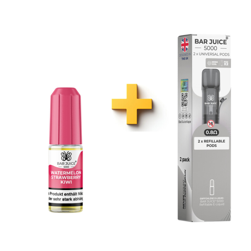 Bar Juice 5000 Nic Salt Liquid 10 ml 10 mg Watermelon Strawberry Kiwi + Universal Pods 0,8 Ohm Bundle