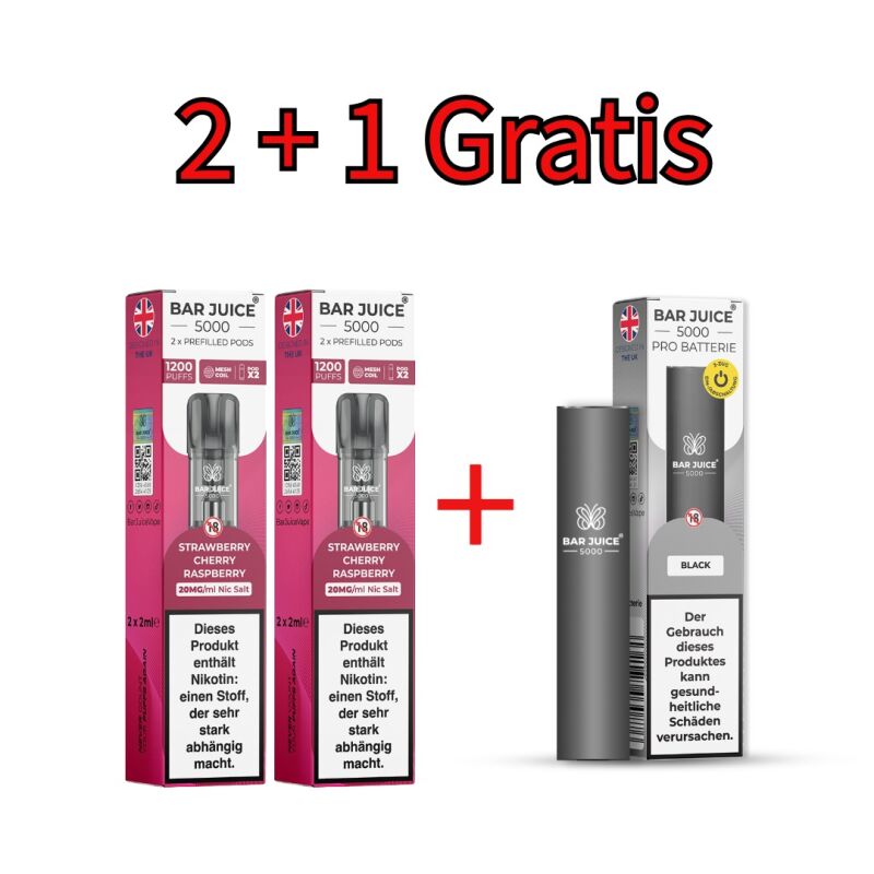 Bar Juice Prefilled Pods 20 mg/ml (4 Stück) Strawberry Cherry Raspberry + Akku Bundle
